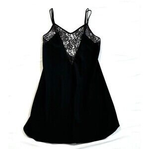 Vtg Victoria's Secret Gold Label Black Satin Lace Slip Chemise Mini Dress Size M